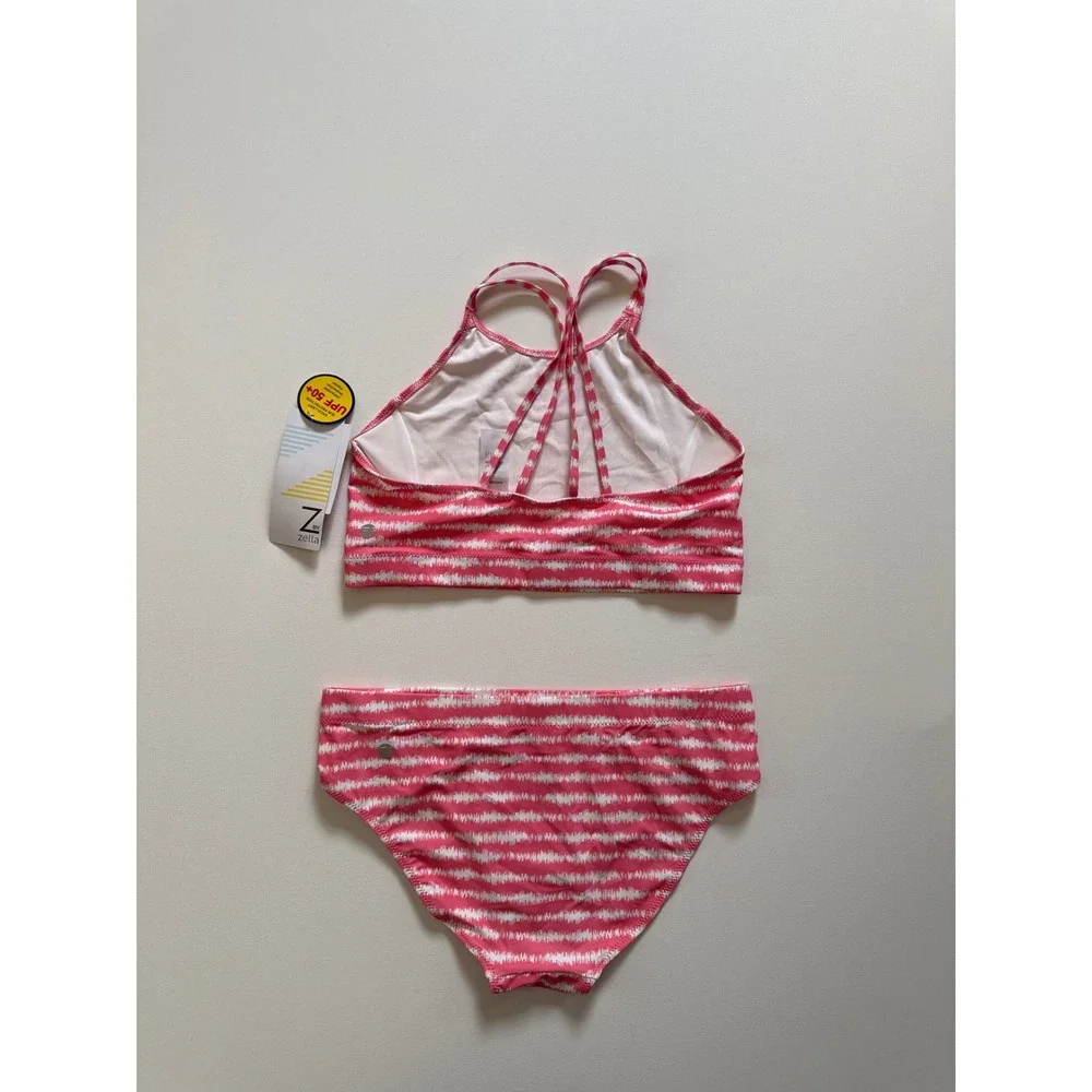 Z by Zella Girls Pink White Ikat Stripe Bikini 2-Piece Swimsuit UPF 50+ Size 14